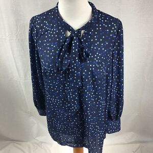 Roaman’s shades of blue polka dot tie neck blouse long sleeved collared tie neck